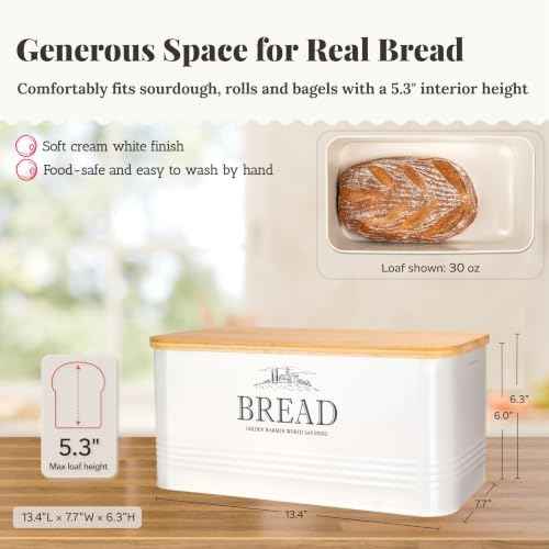 noonberry Metal Bread Box for Kitchen Countertop, Bamboo Lid, Farmhouse