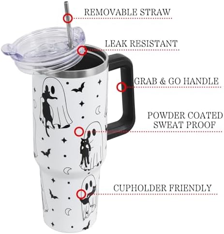 Halloween Tumbler with Lid and Straw 40oz,Gothic Ghosts Cat Vacuum