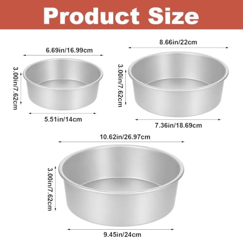 3 Pcs Round Cake Pan, 6/8 /10 Inch Aluminum Baking Pans for Layer