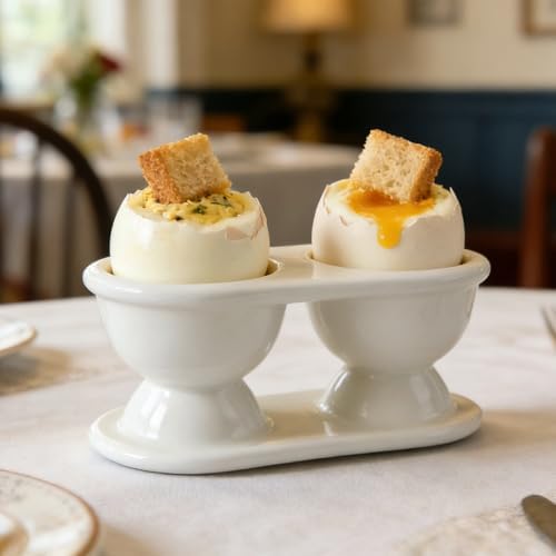 Cinf Ceramic Double Egg Cups 2 Pack, Boiled Egg Holders for Breakfast