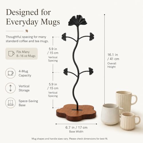 Coffee Mug Holder for Countertop, Ginkgo Leaf Mug Tree with 4 Hooks