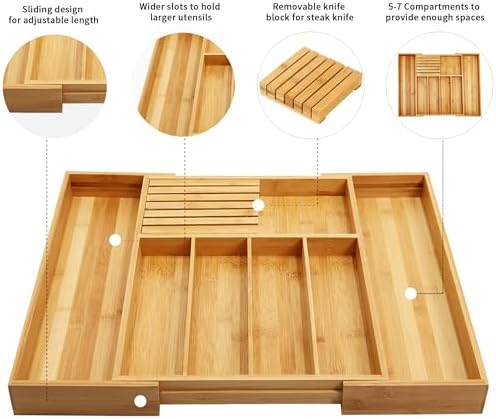 VaeFae Bamboo Silverware Drawer Organizer and Bamboo Knife Drawer