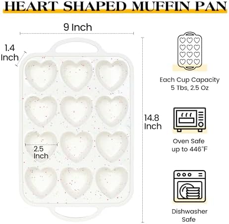 12 Cup Heart Shaped Silicone Muffin Pan for Baking with Metal Frame