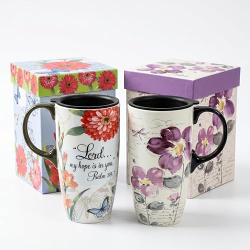 Topadorn 17oz Ceramic Travel Mugs Set of 2, Floral Coffee Mugs with