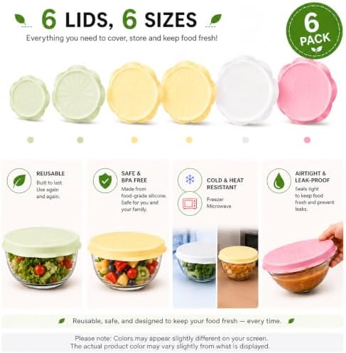 Silicone Bowl Covers, 6 Pack, Reusable Food Storage