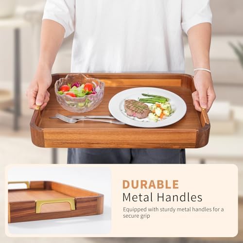 Acacia Wood Serving Tray with Metal Handles, 17x12in Food Drinks Tray