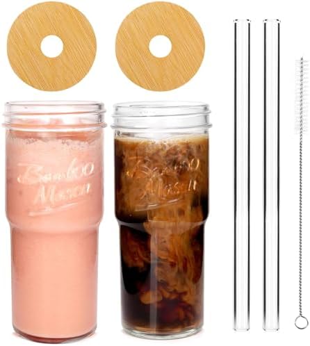 ANOTION Glass Cups With Lids And Straws, Leakproof Tumbler 24oz Mason
