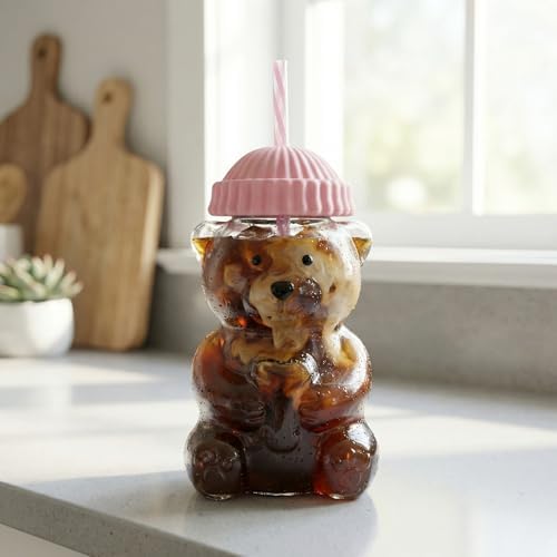 Glass Bear Cup,Bear Cup with Straw, 500ml Reusable Bear Glass Tumbler
