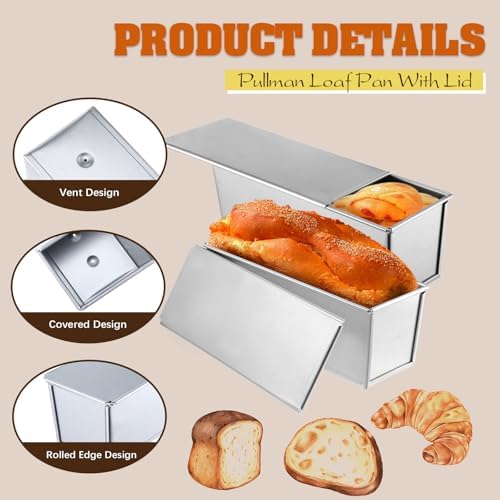 2 Pack Stainless Steel Pullman Loaf Pan with Lid, 13x4 Inch Large