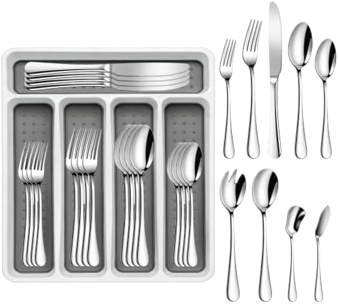 45-Piece Silverware Set with Organizer, Stainless Steel Flatware Set