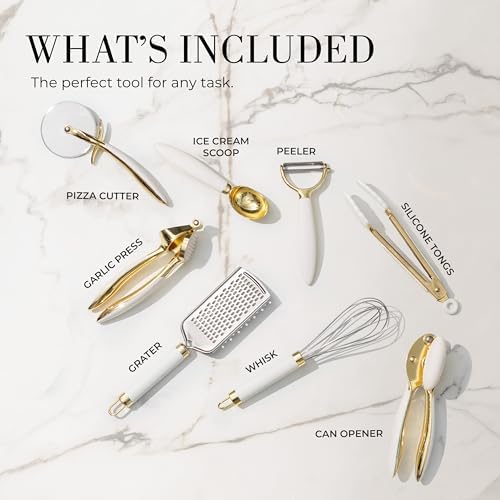 Styled Settings 8-Piece White and Gold Cooking Utensil Set