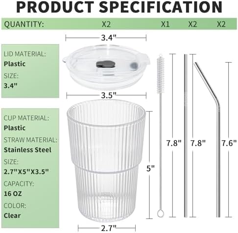 Iced Coffee Cups with Lids and Straws Set of 2, 16 Oz Unbreakable