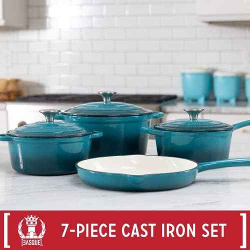 Basque Enameled Cast Iron Cookware Set, 7-Piece Set (Biscay Blue)