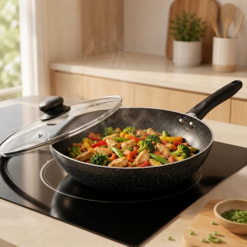 11-Inch Nonstick Flat-Bottom Wok with Glass Lid, Induction Stir-Fry and Saute Pan for Vegetables, Noodles and One-Pan Meals, Aluminum Wok for All Stovetops
