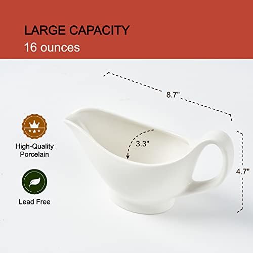 Gravy Boat with Saucer - 16oz Fine Porcelain Sauce & Salad Dressing