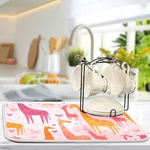 OTVEE Cloud Giraffe Art Dish Drying Mat for Kitchen Counter Absorbent