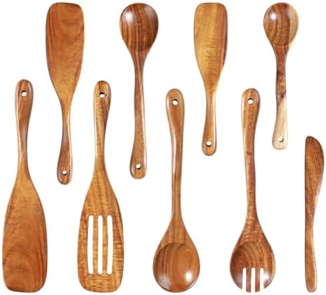 Wooden Spoons for Cooking, 9 Pcs Natural Teak Wood Kitchen Utensils