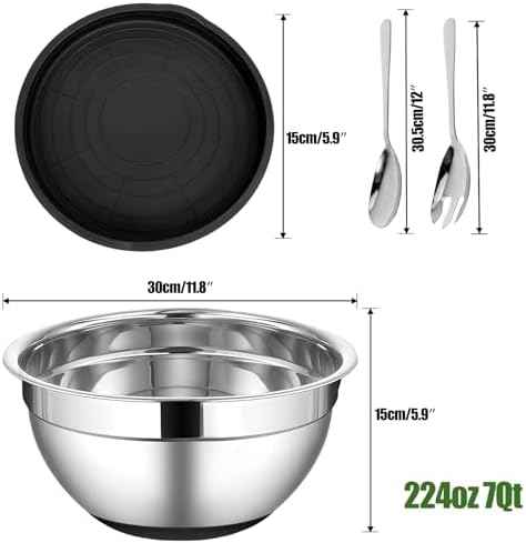 ShineMe Stainless Steel Salad Bowl with Lid, Extra Large Metal Bowl with Serving Utensils for Preparing, Mixing, Marinating, and Serving with Anti-slip Bottom, Unbreakable Kitchen Bowls 7QT