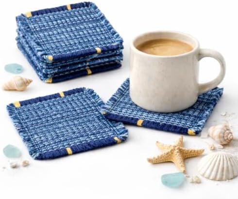 Boho Woven Coasters for Coffee Table Decor - Set of 6, Absorbent Blue