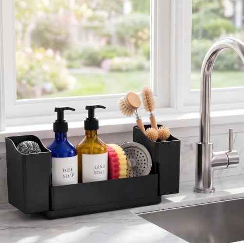 Sotfamily Sponge Holder for Kitchen Sink with Drying Stone, Black