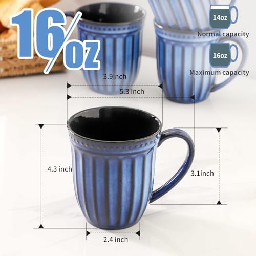 16 OZ Coffee Mugs Set of 4, Navy Ceramic Coffee Cups with Handles