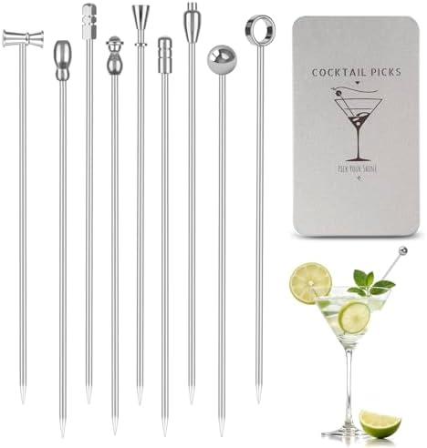 Metal Martini Cocktail Picks 9 Pcs, 4.1 in Olive Skewers Stainless
