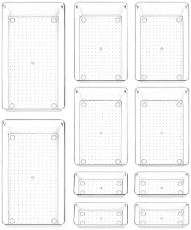 10 Pack Large Clear Drawer Organizer Trays, 3 Sizes, Non-Slip