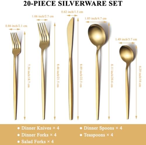 Matte Gold Silverware Set 20 Pieces, Stainless Steel Golden Flatware