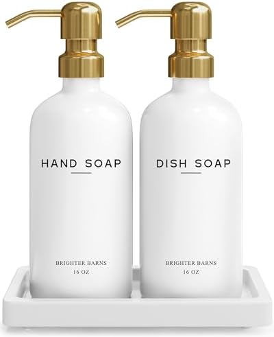 Brighter Barns Glass Soap Dispenser Set with Tray, Gold