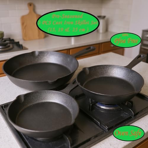 La Cuisine Pre Seasoned Cast Iron Skillet Set, 3 Piece Frying Pans (15 cm, 19 cm, 25 cm) Naturally Non Stick for Frying Grilling Sautéing Searing & Baking, GlassTop PFOA Free