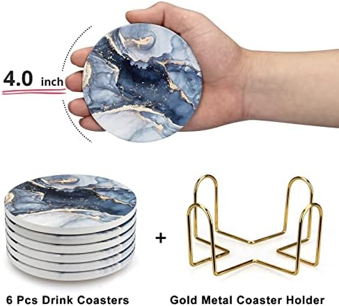 Coasters Set of 6, Navy Blue Marble Abstract Ceramic Coasters with