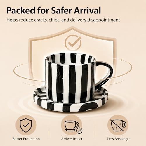 Black and White Striped Tea Cup and Saucer Set of 2, 8 oz Ceramic