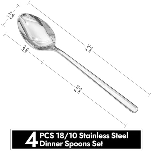 4-Piece 8-Inch Dinner Spoons Set, 18/10 Stainless Steel, Not Teaspoons