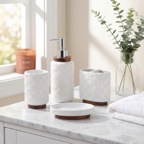 RQYIXI Ceramic Bathroom Accessories Set,White,4 Piece,Embossed Design