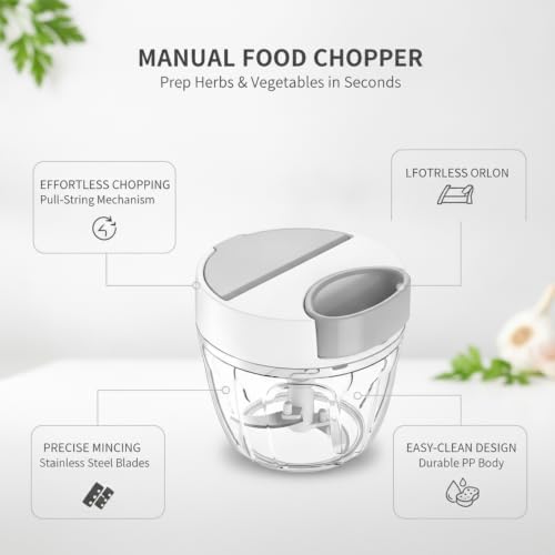 Durable PP Plastic Manual Food Chopper, Pull-String Garlic Mincer for