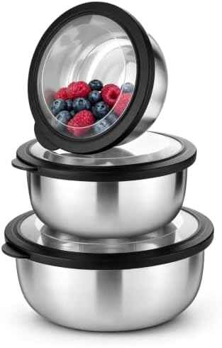 P&P CHEF Mixing Bowls with Lids Set of 3, Black Stainless Steel Salad Bowl