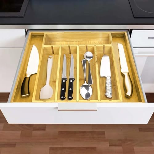 Bamboo Adjustable Drawer Organizer - Expandable Utensil Organizer for
