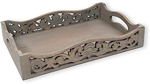 GoCraft Handmade Wooden Tray with Handles – Grey Washed Wood Serving