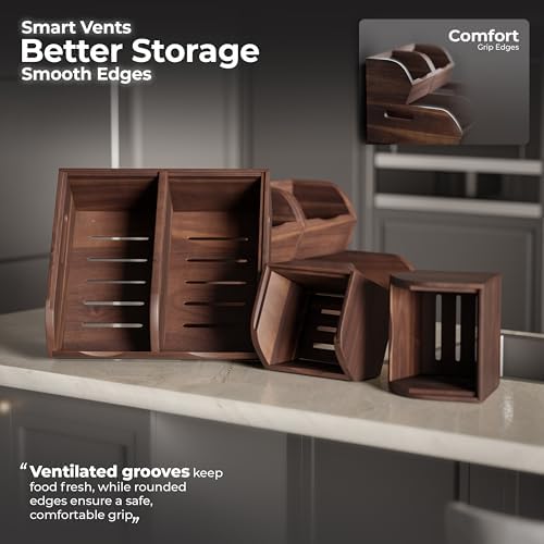 Acacia Wood Pantry Storage Bins - Stackable Open Front Kitchen Baskets