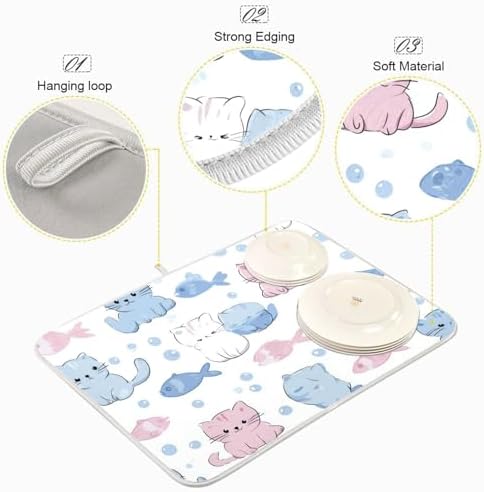 OTVEE Blue Kitty Art Dish Drying Mat for Kitchen Counter Absorbent
