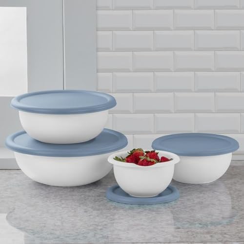 Sterilite Covered Mixing Bowl Set, Nesting Plastic, Washed Blue