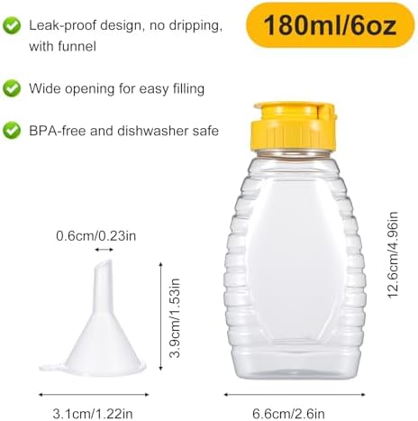 2 Pcs Plastic Honey Bottles, 180ml/6oz Honey Squeeze Bottle with