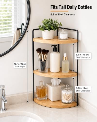 3-Tier Corner Bathroom Countertop Organizer, Solid Pine Wood