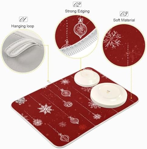 OTVEE Festive Red Ornaments Dish Drying Mat for Kitchen Counter