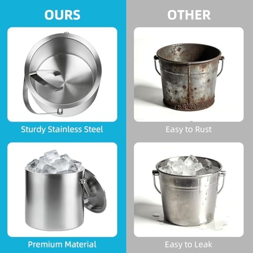 ChefBee 3L Double-Wall Stainless Steel Ice Bucket with Lid & Tongs