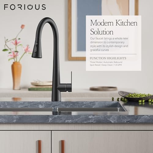 FORIOUS Black Kitchen Faucet with Pull-Down Sprayer