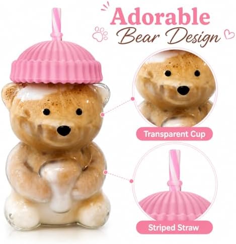 Glass Bear Cup,Bear Cup with Straw, 500ml Reusable Bear Glass Tumbler