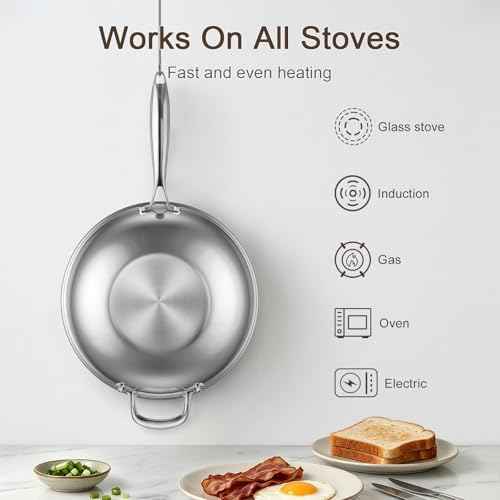 12.5-Inch Hybrid Stainless Steel Wok Pan with Lid, Laser-Textured Nonstick Stir Fry Pan, PFOA-Free, Induction Compatible, Oven & Dishwasher Safe for All Cooktops