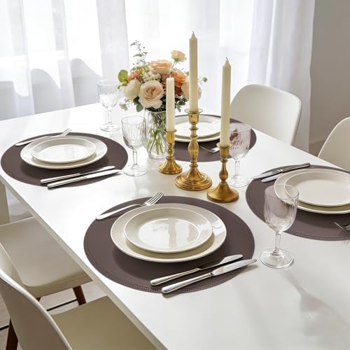 15" Faux Leather Round Placemats Set of 4, Vinyl Heat Resistant Place