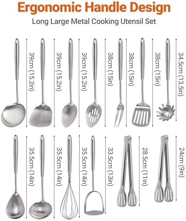 304 Stainless Steel Kitchen Utensils Set - 15PCS Long Metal Cooking